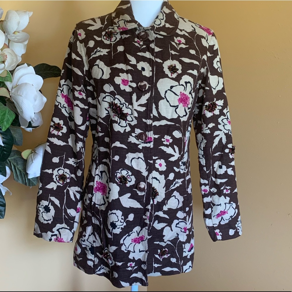 CHICO’S Elegant Brown Embroidered Floral Stones Blazer Coat Jacket Size Small.
